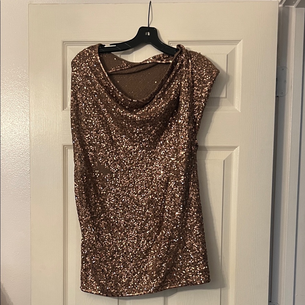 Sequin Cowl Neck Sleeveless Top in Rose Gold 30% silk 70% cashmere